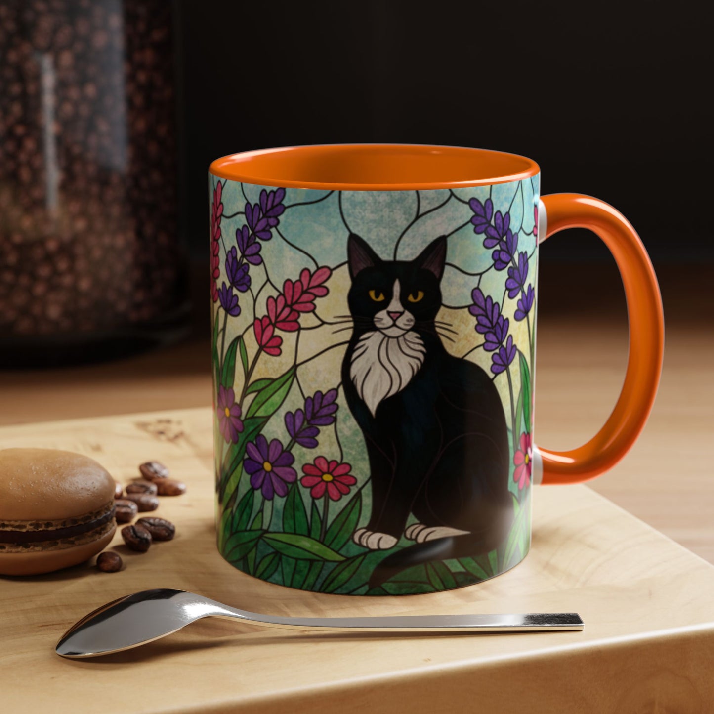 Tuxedo Cat Stained Glass Accent Coffee Mug – Floral Lavender Design (11/15oz)