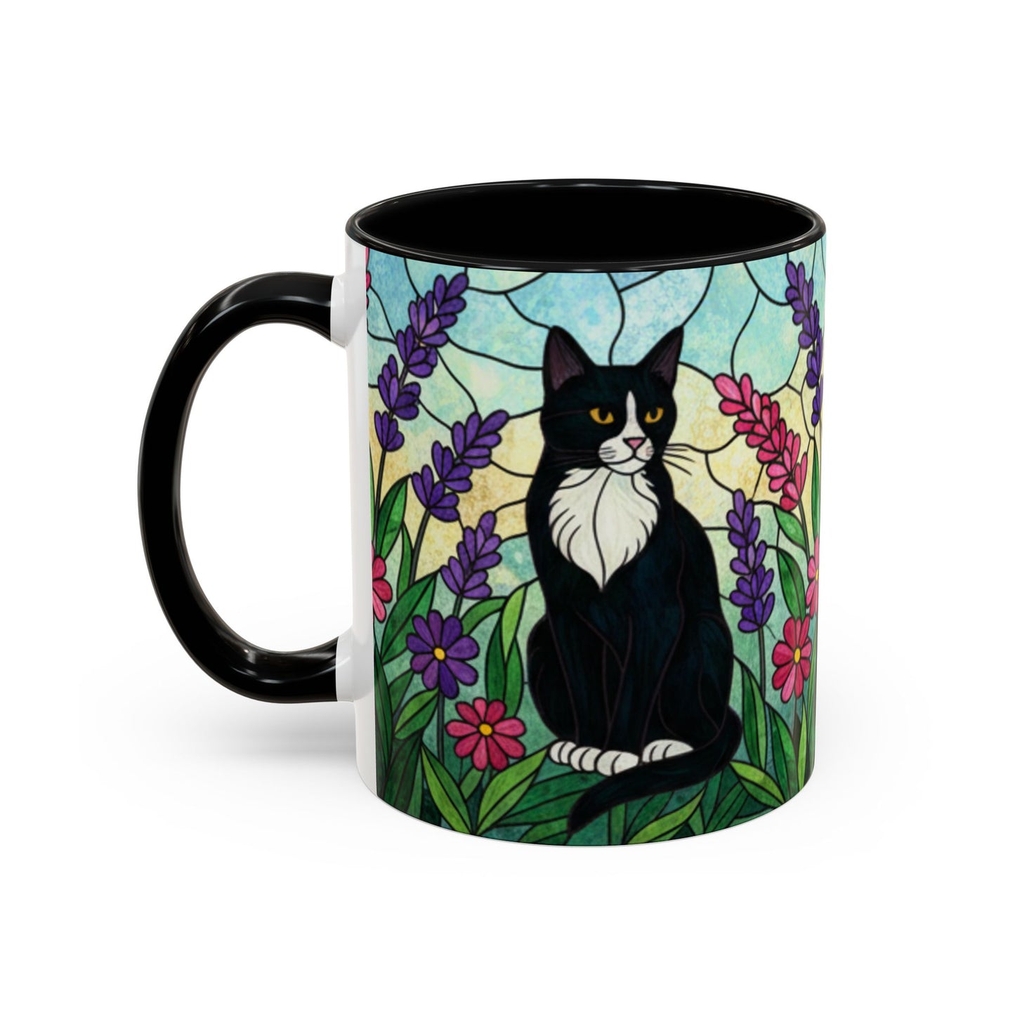 Tuxedo Cat Stained Glass Accent Coffee Mug – Floral Lavender Design (11/15oz)