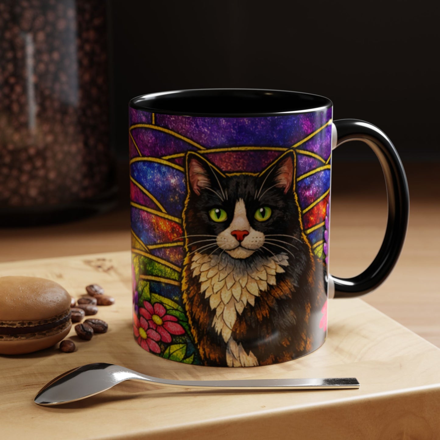 Tuxedo Cat Accent Coffee Mug — Stained-Glass Floral Design (11 oz)