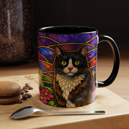 Tuxedo Cat Accent Coffee Mug — Stained-Glass Floral Design (11 oz)