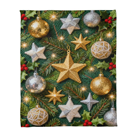 Christmas Ornaments on Green Boughs and Holly - Coral Fleece Blanket