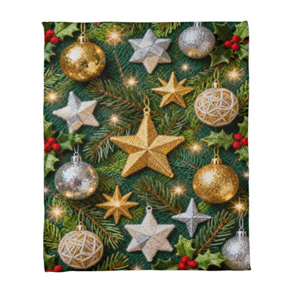 Christmas Ornaments on Green Boughs and Holly - Coral Fleece Blanket