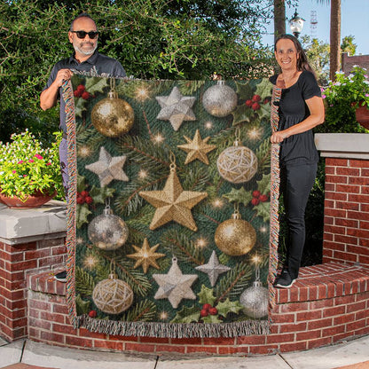 Christmas Ornaments on Green Boughs and Holly  - 100% Cotton Woven Blanket in 3 sizes