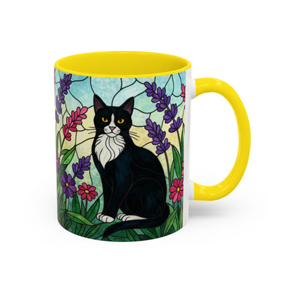Tuxedo Cat Stained Glass Accent Coffee Mug – Floral Lavender Design (11/15oz)