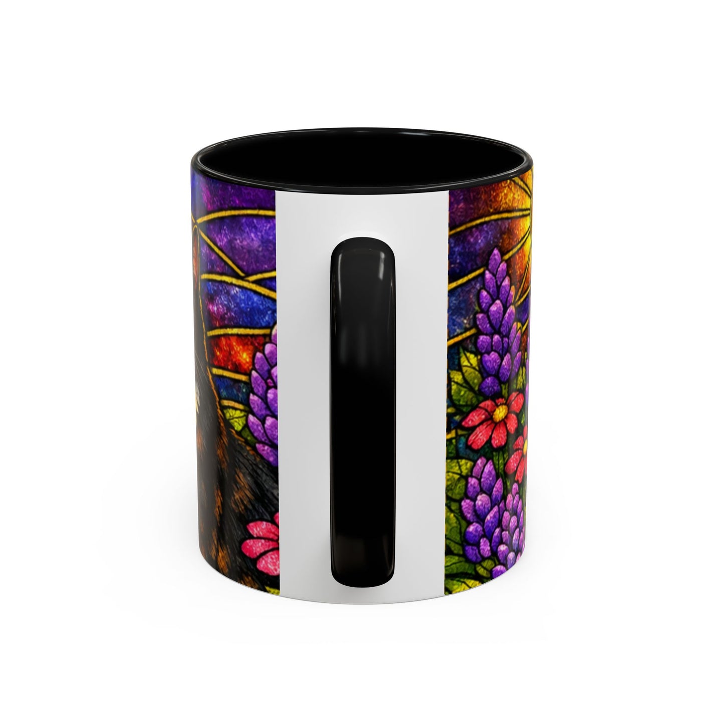 Tuxedo Cat Accent Coffee Mug — Stained-Glass Floral Design (11 oz)