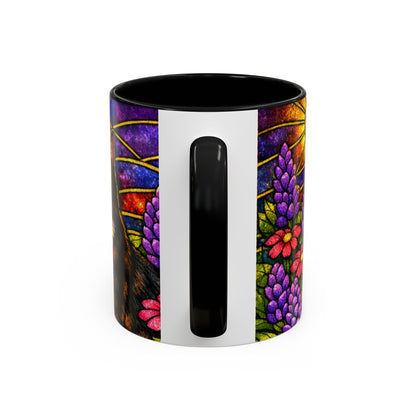 Tuxedo Cat Accent Coffee Mug — Stained-Glass Floral Design (11 oz)