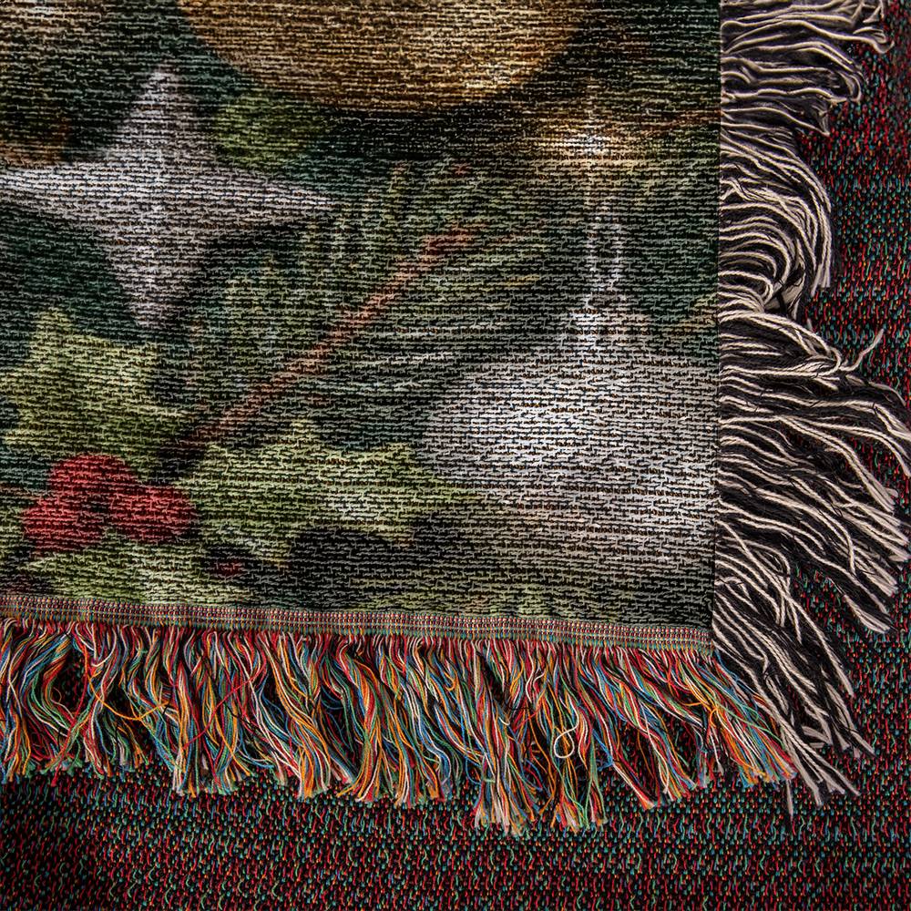 Christmas Ornaments on Green Boughs and Holly  - 100% Cotton Woven Blanket in 3 sizes