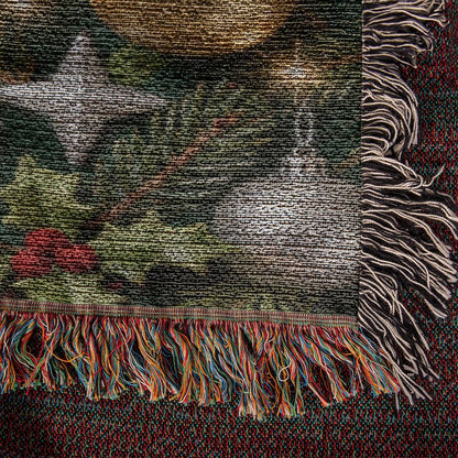 Christmas Ornaments on Green Boughs and Holly  - 100% Cotton Woven Blanket in 3 sizes