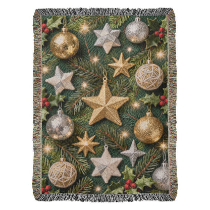 Christmas Ornaments on Green Boughs and Holly  - 100% Cotton Woven Blanket in 3 sizes