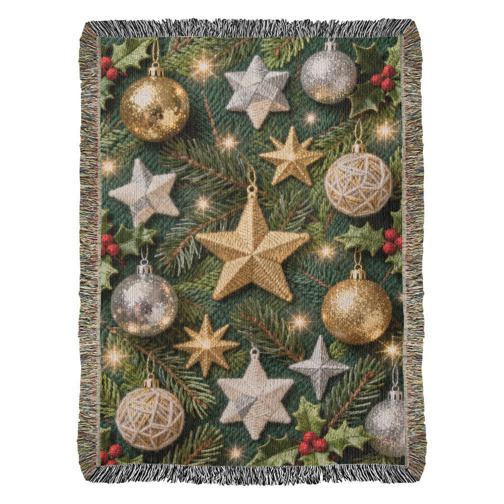 Christmas Ornaments on Green Boughs and Holly  - 100% Cotton Woven Blanket in 3 sizes