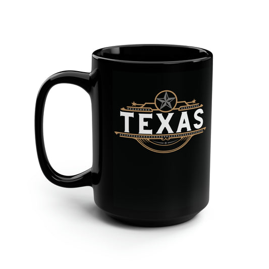 Texas Star Banner Gold White on Black Glossy Mug Dishwasher and Microwave Safe 15oz MII Designs