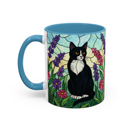 Tuxedo Cat Stained Glass Accent Coffee Mug – Floral Lavender Design (11/15oz)