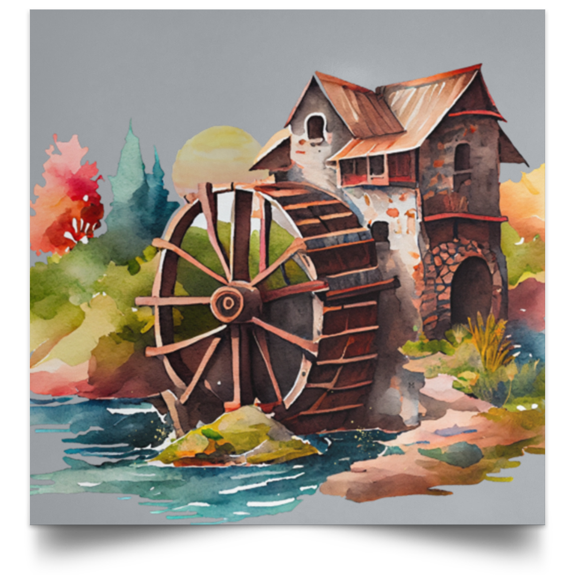 Water Wheel Watercolors by MII Designs  Satin Square Poster in 3 sizes and 20 color backgrounds!