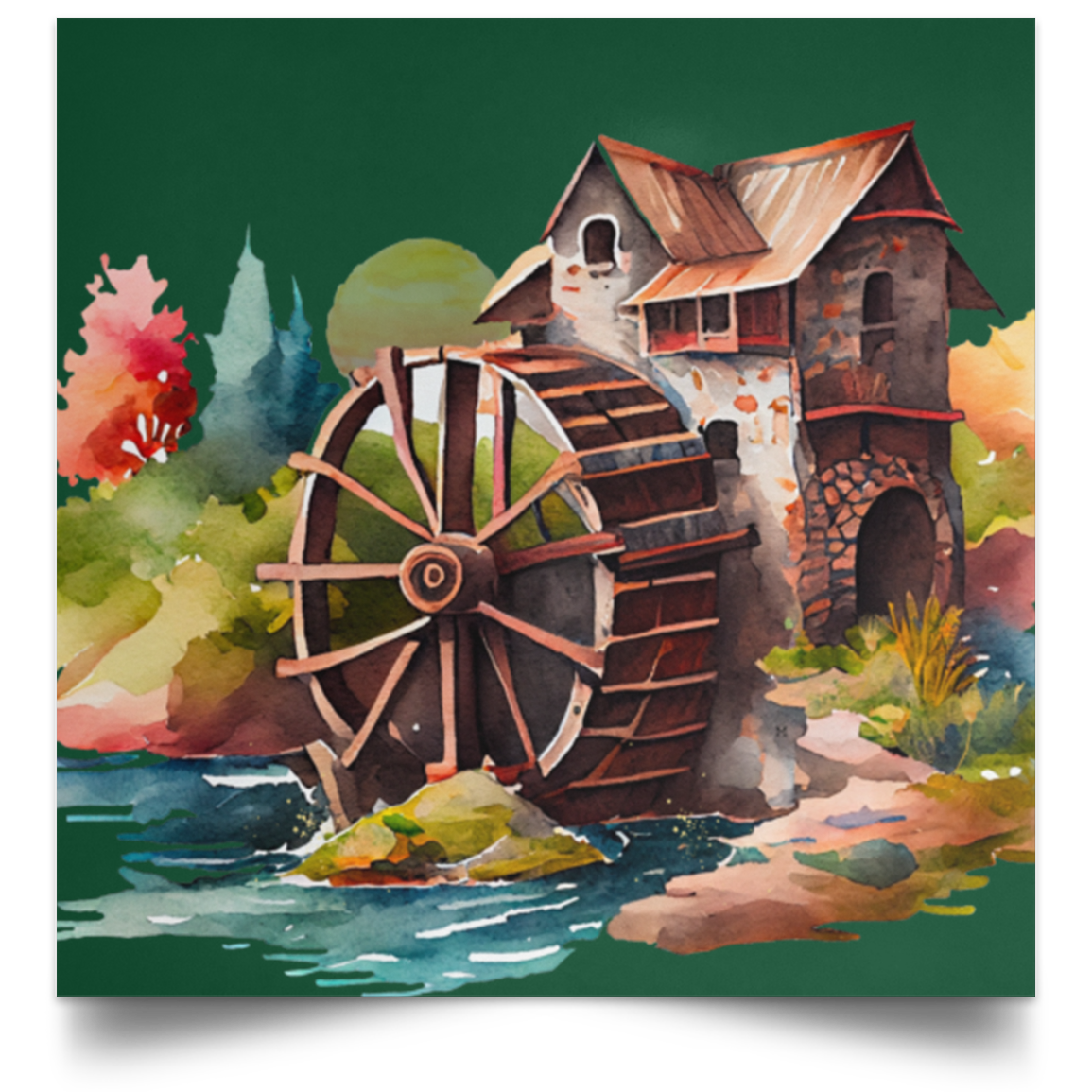 Water Wheel Watercolors by MII Designs  Satin Square Poster in 3 sizes and 20 color backgrounds!