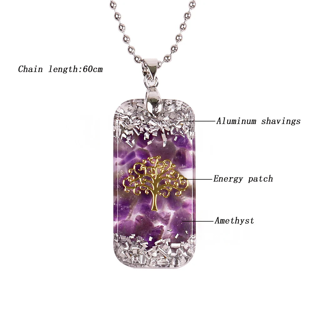 Natural Amethyst and resin Tree Of Life Orgonite Pendant Energy Necklace