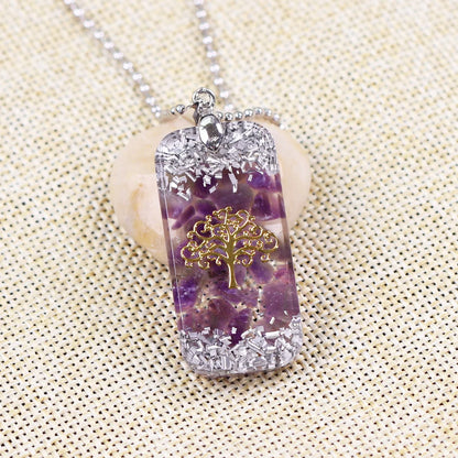 Natural Amethyst and resin Tree Of Life Orgonite Pendant Energy Necklace