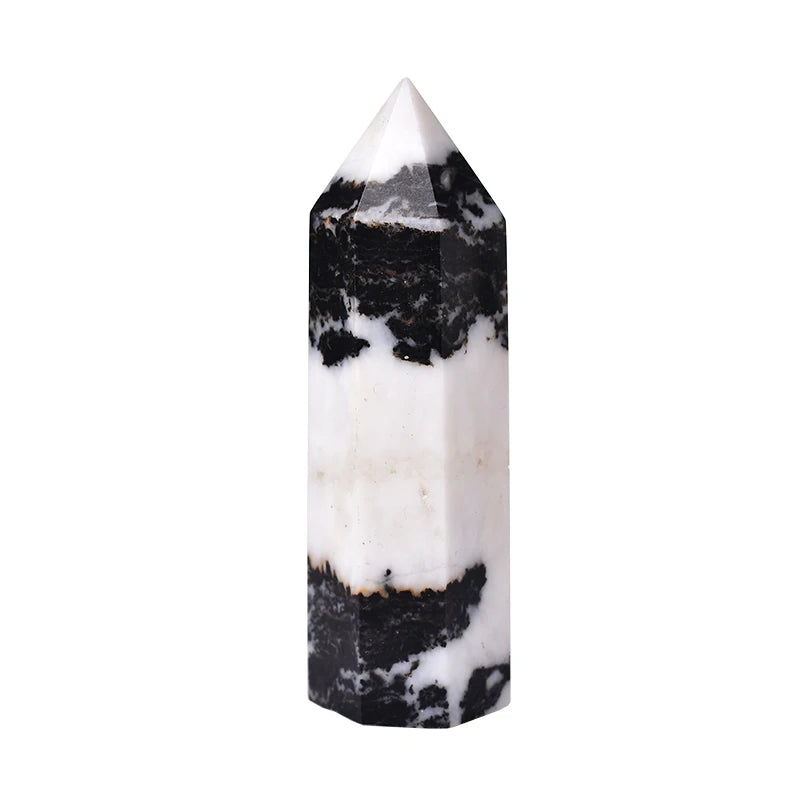 Natural Stone Crystal Point Healing Obelisk Black and White Zebra Quartz Wand 1 piece