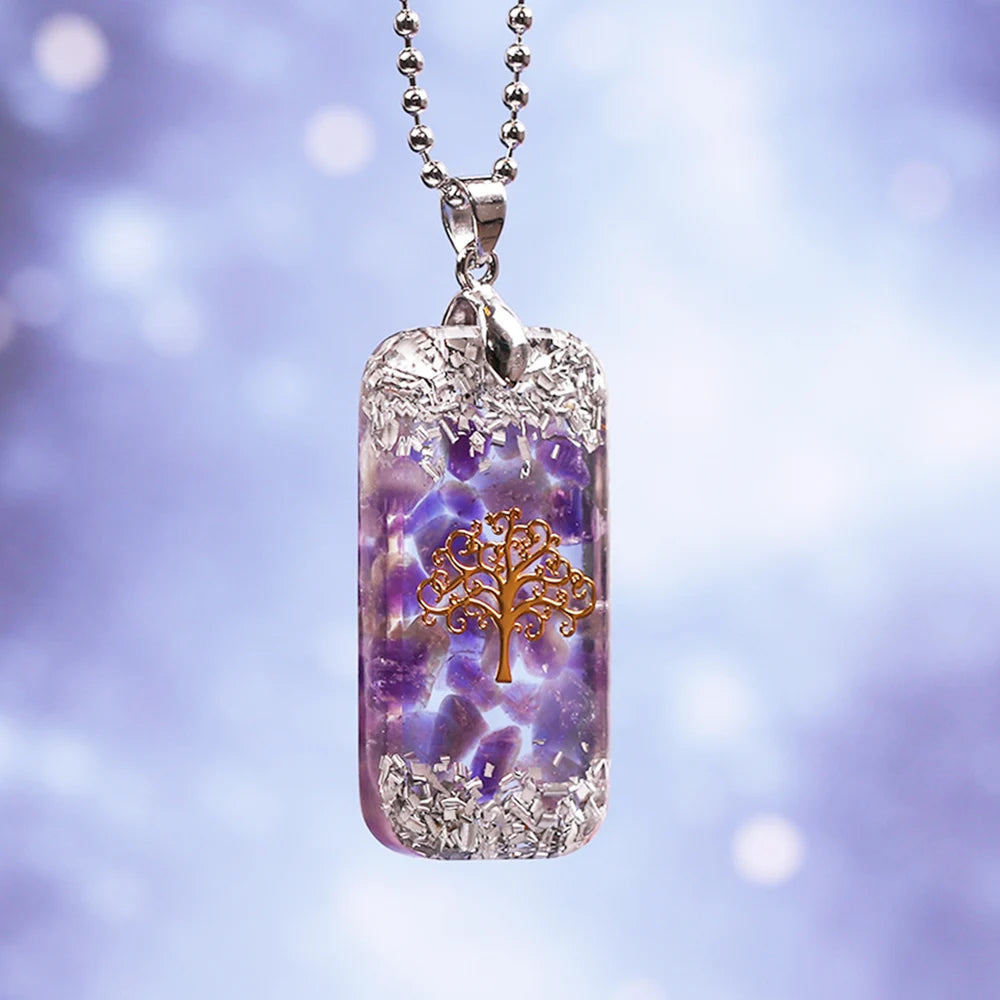 Natural Amethyst and resin Tree Of Life Orgonite Pendant Energy Necklace