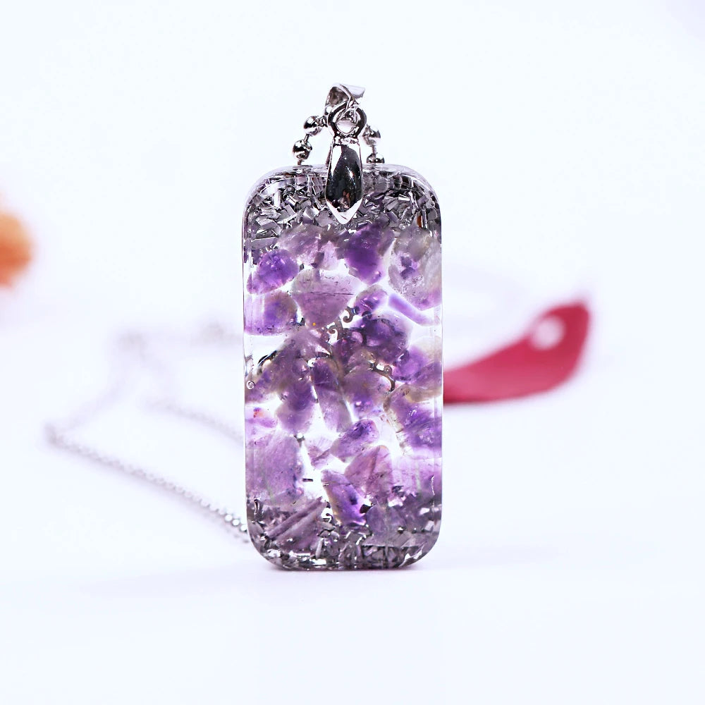 Natural Amethyst and resin Tree Of Life Orgonite Pendant Energy Necklace