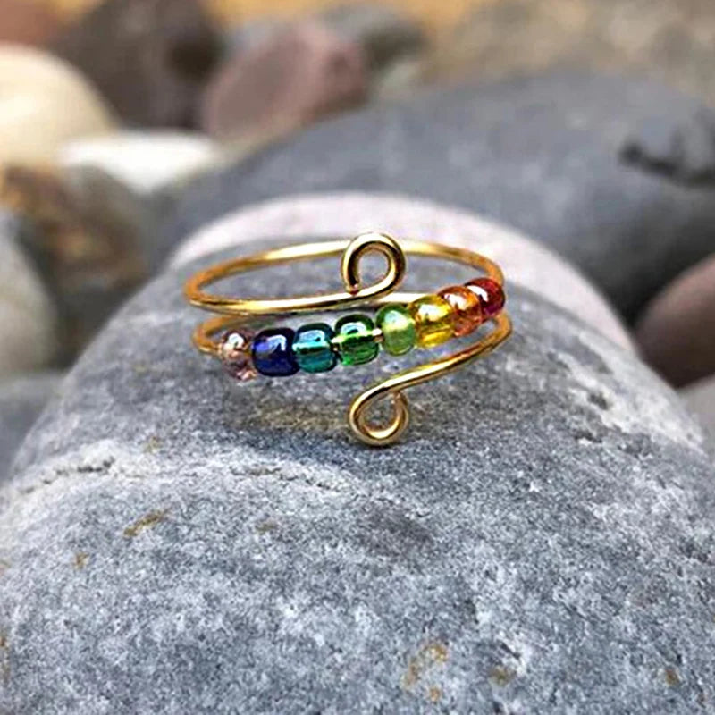 Rainbow Beaded Fidget Spinner Ring: A Soothing, Adjustable Jewelry Gift