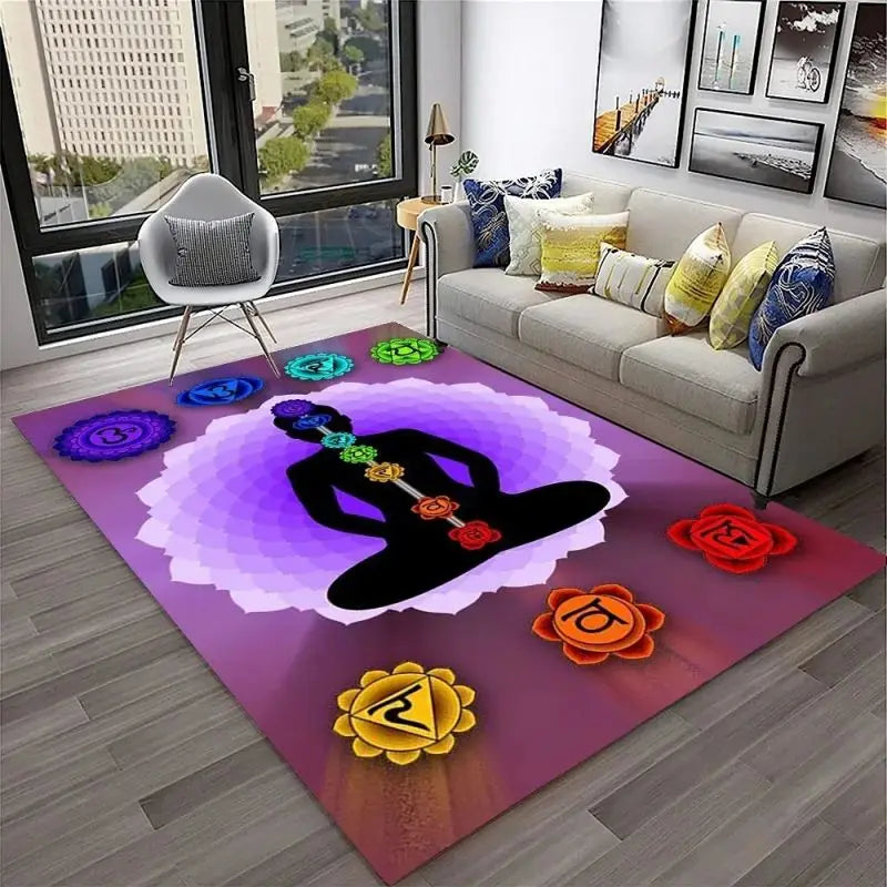 Yoga Reiki Themed Meditation Carpet Floor Mat for Home Decor and Living, Inside or Outside - Non-slip Washable