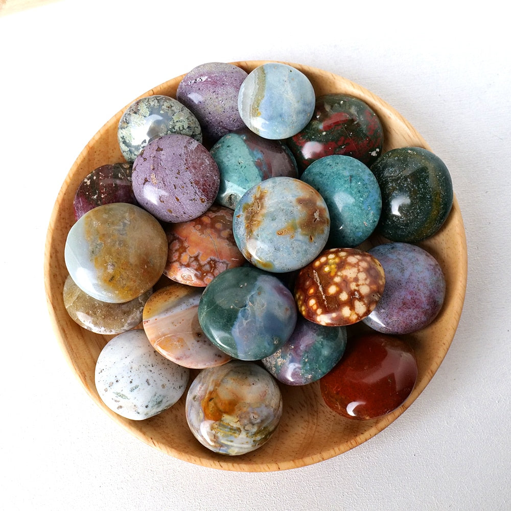 1PCS Ocean Jasper Stone Worry Stone for Anxiety Thumb Palm Round Pocket Gemstone Natural Chakra Polished Healing Crystals