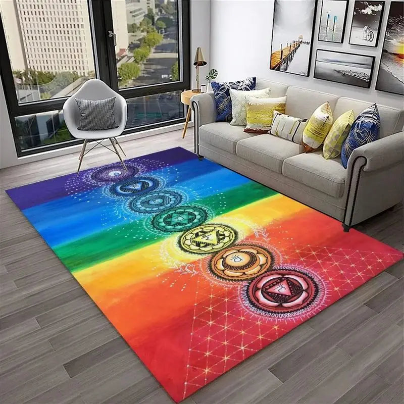 Yoga Reiki Themed Meditation Carpet Floor Mat for Home Decor and Living, Inside or Outside - Non-slip Washable