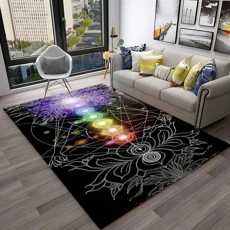 Yoga Reiki Themed Meditation Carpet Floor Mat for Home Decor and Living, Inside or Outside - Non-slip Washable