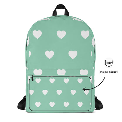 Stylish and Cute Backpack White Hearts on a Mint Green Field