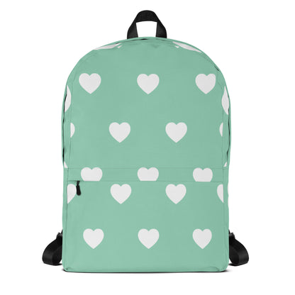 Stylish and Cute Backpack White Hearts on a Mint Green Field