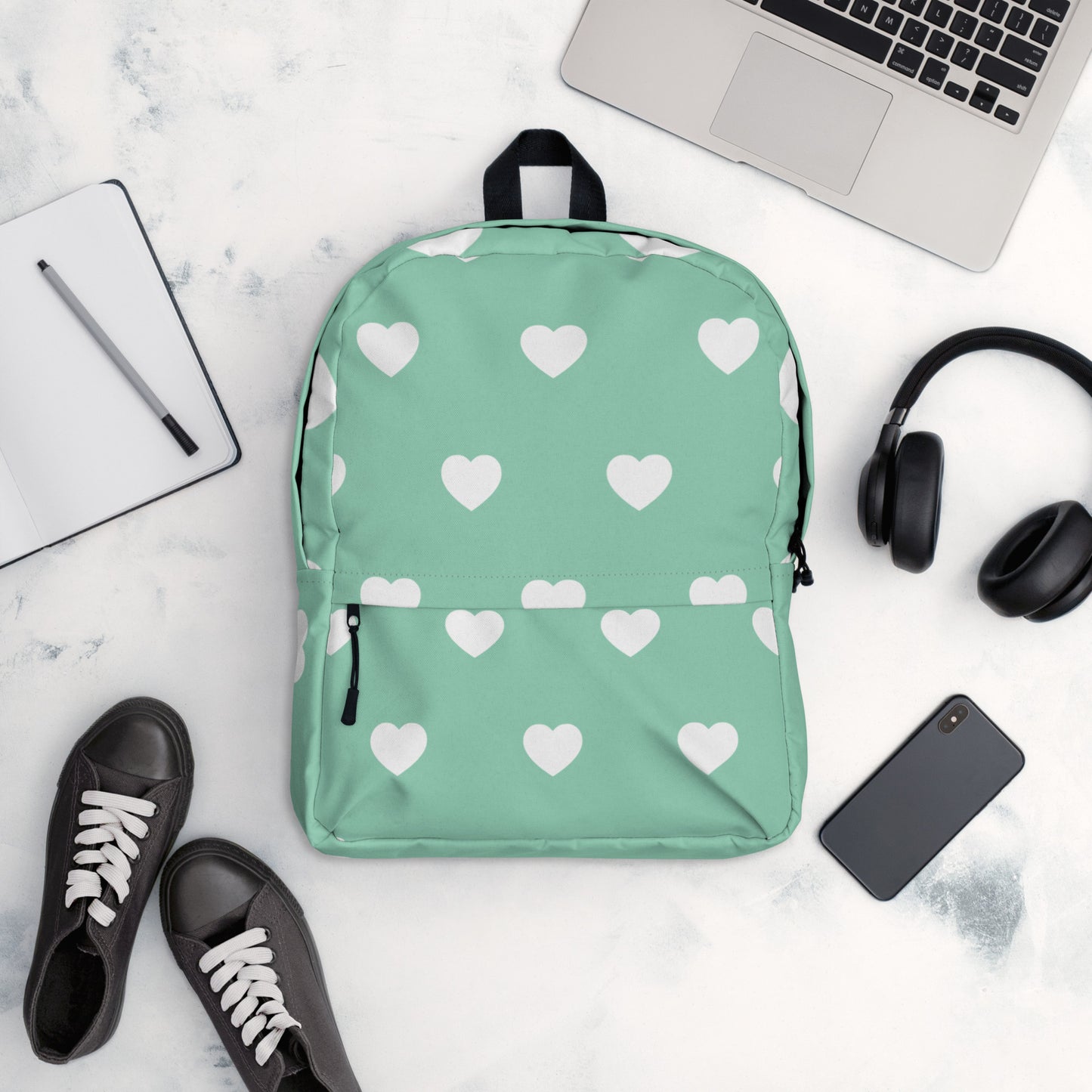 Stylish and Cute Backpack White Hearts on a Mint Green Field