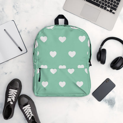 Stylish and Cute Backpack White Hearts on a Mint Green Field