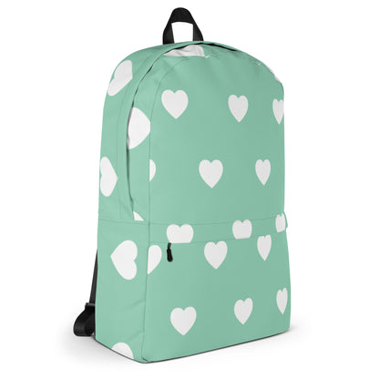 Stylish and Cute Backpack White Hearts on a Mint Green Field