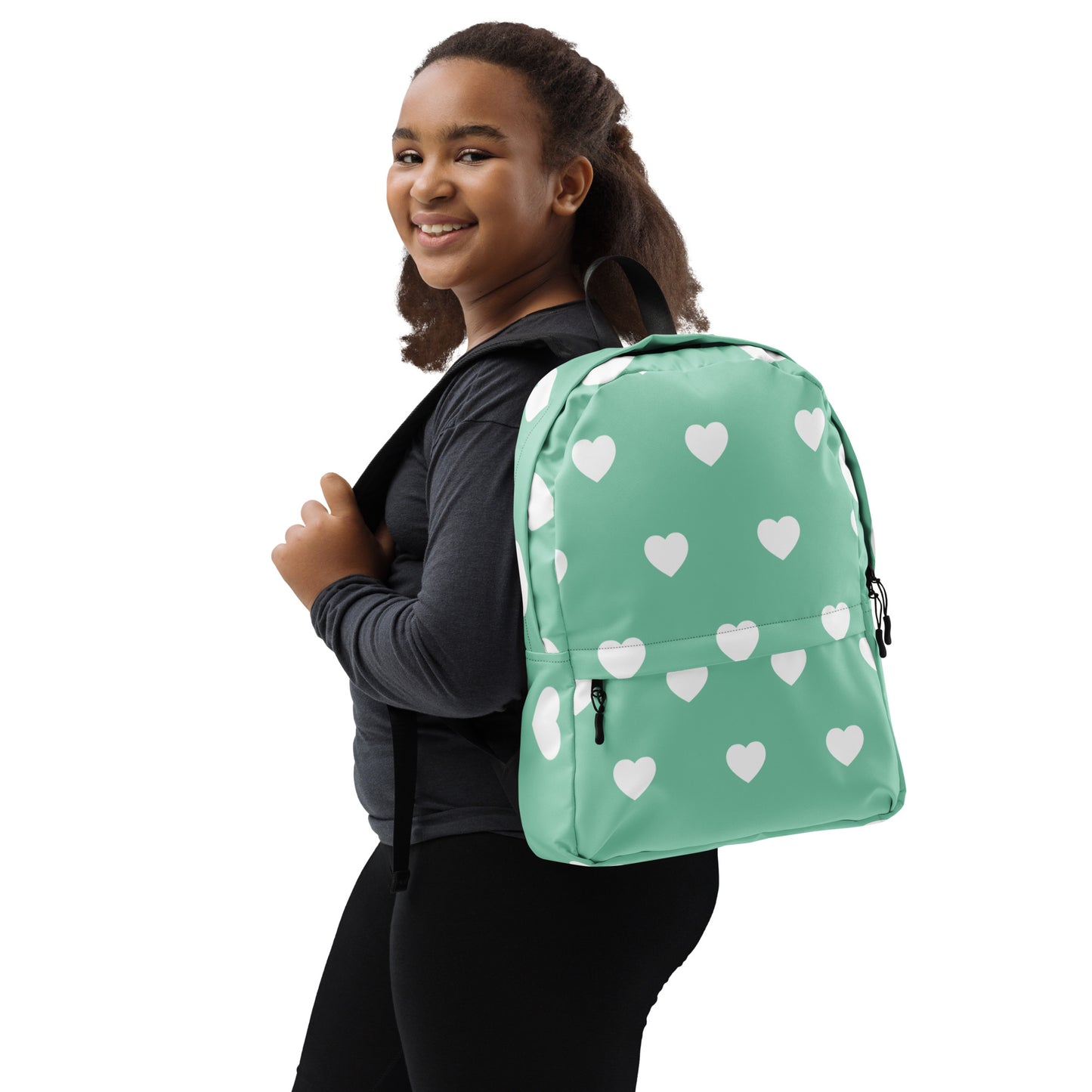 Stylish and Cute Backpack White Hearts on a Mint Green Field