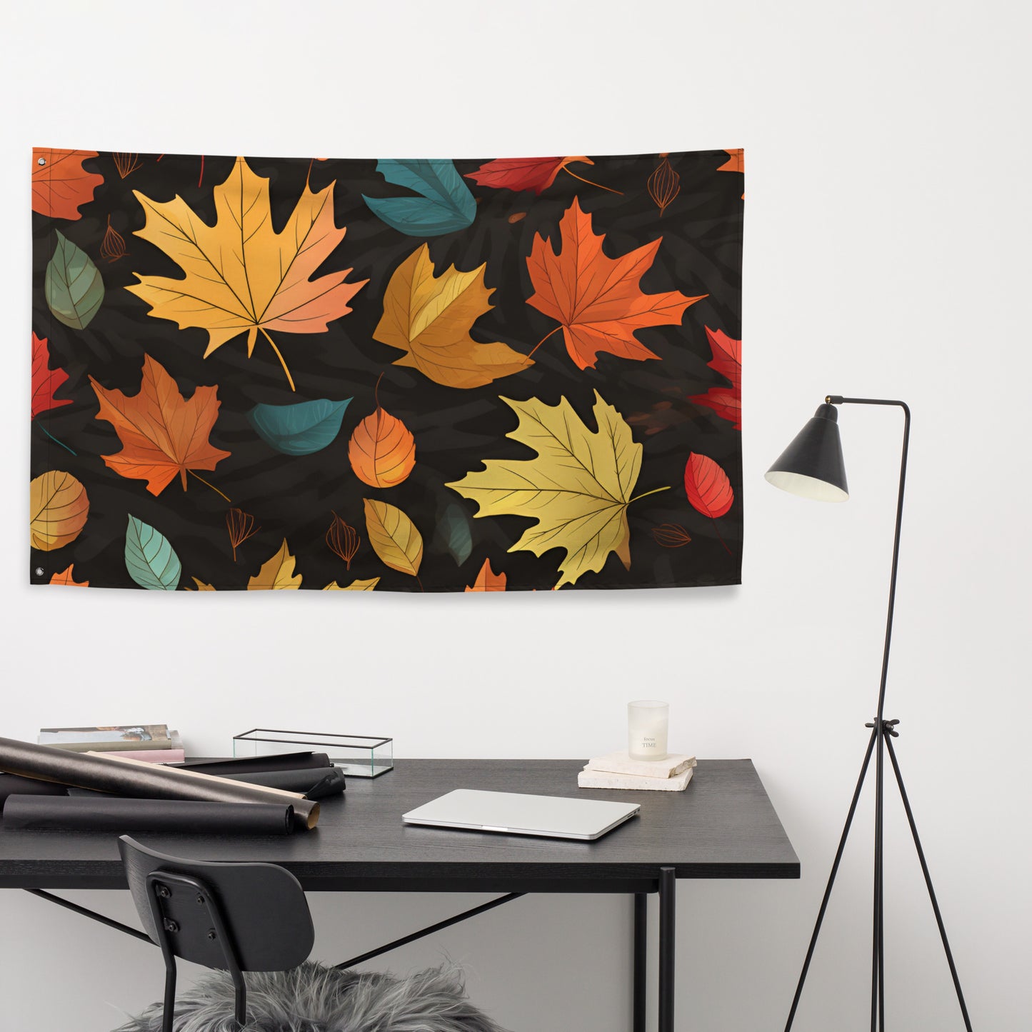 Autumn Flag with Leaves and Soft Accents on Black Background