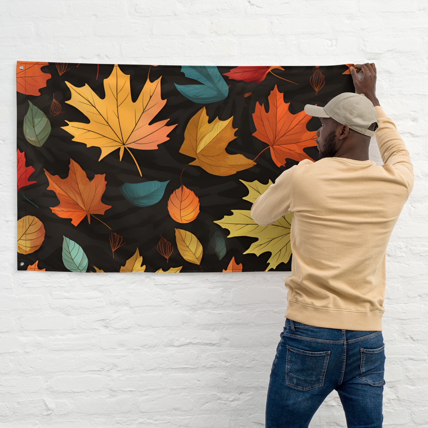 Autumn Flag with Leaves and Soft Accents on Black Background