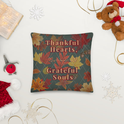 Thankful Hearts, Grateful Souls Autumn Fall Premium Throw Pillow in 2 Sizes
