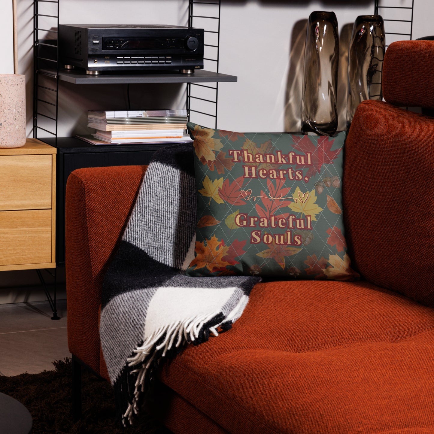 Thankful Hearts, Grateful Souls Autumn Fall Premium Throw Pillow in 2 Sizes