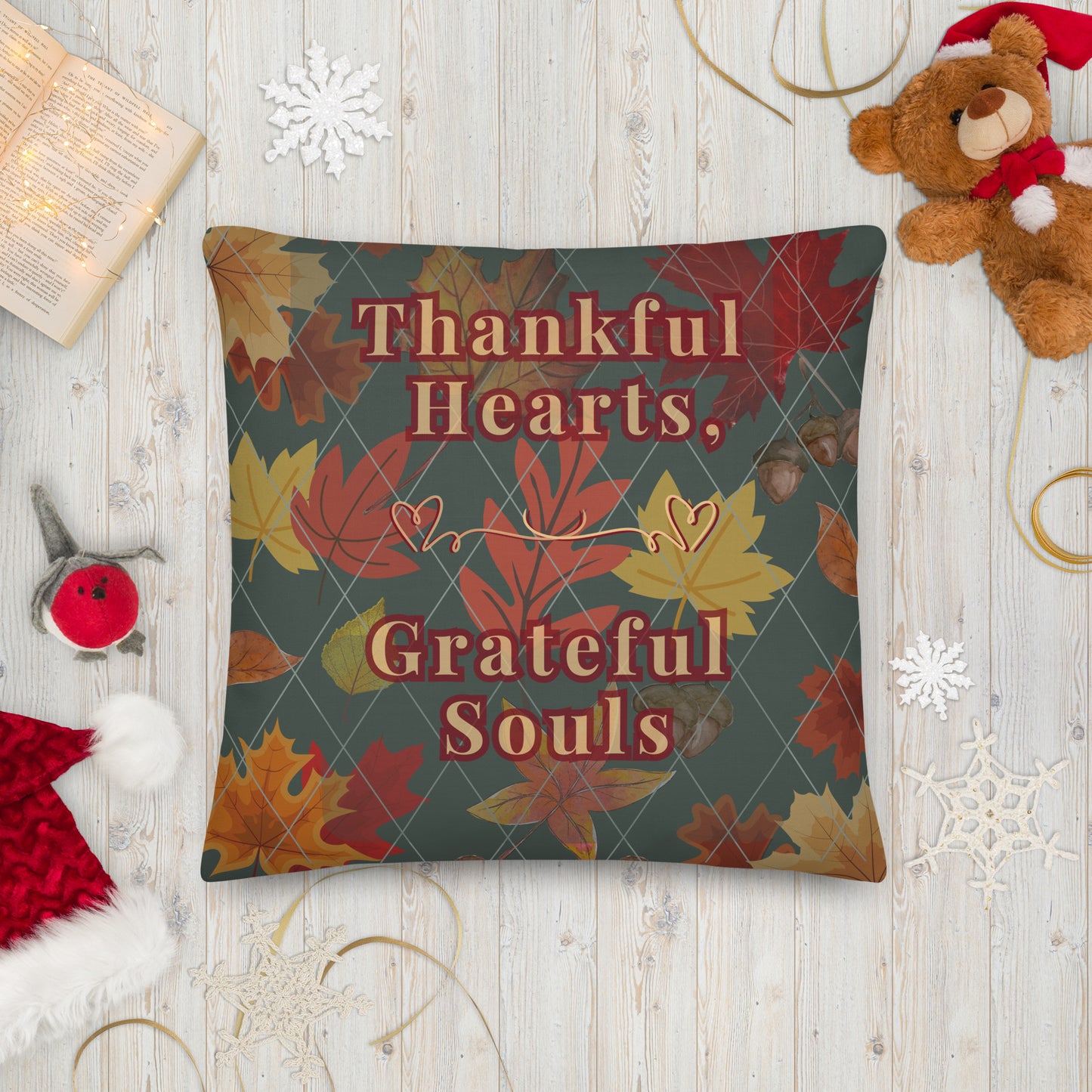 Thankful Hearts, Grateful Souls Autumn Fall Premium Throw Pillow in 2 Sizes
