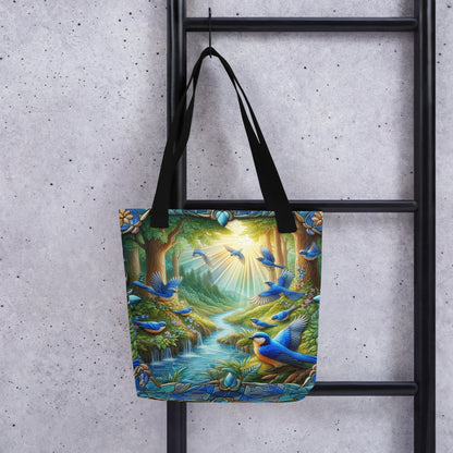 Blue Birds in Flight Stained Glass Border Streaming Sunlight 15"x15" Tote bag