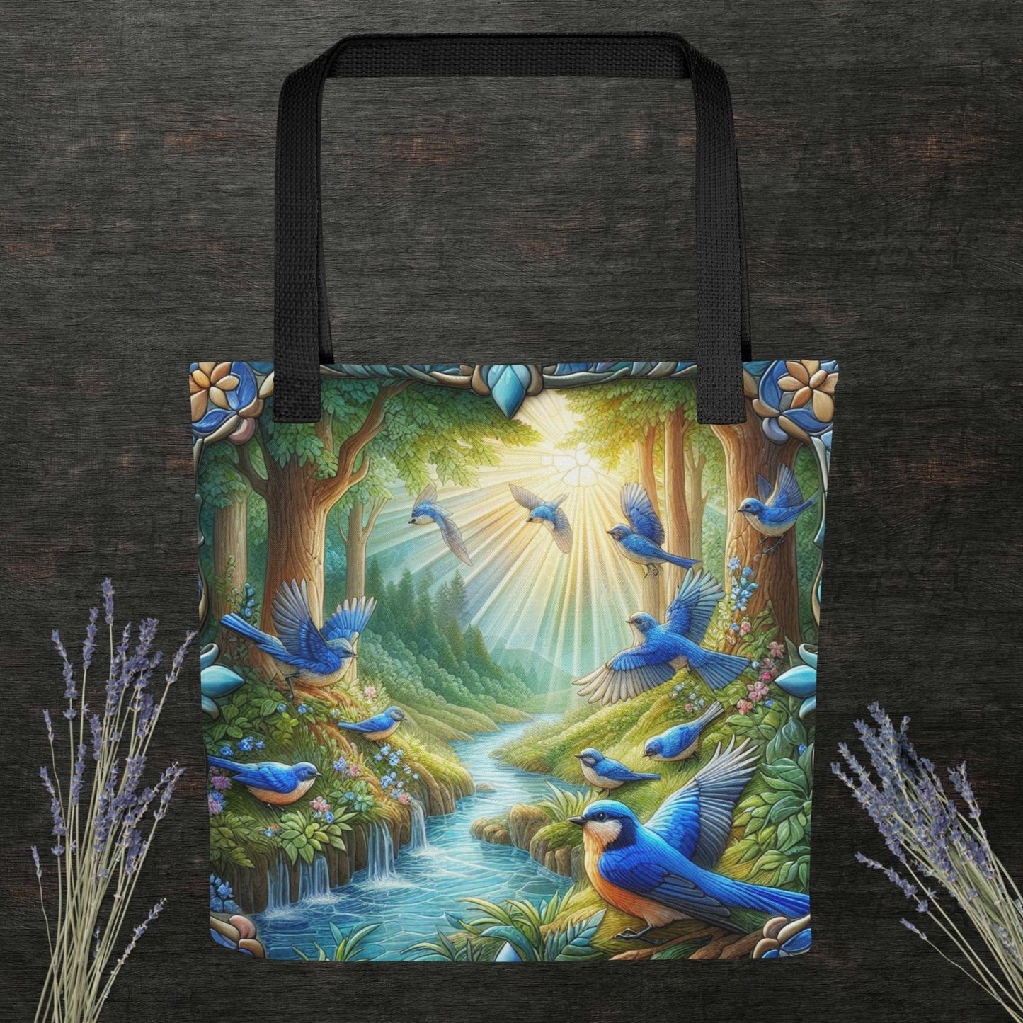 Blue Birds in Flight Stained Glass Border Streaming Sunlight 15"x15" Tote bag