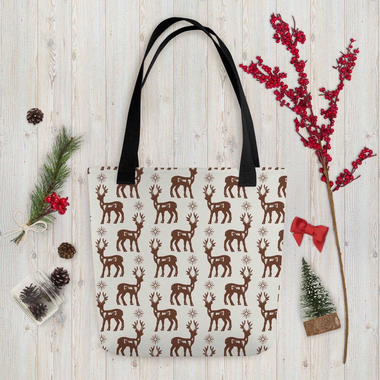 Reindeer Pattern Spacious and Trendy Tote Bag in Neutral Tones