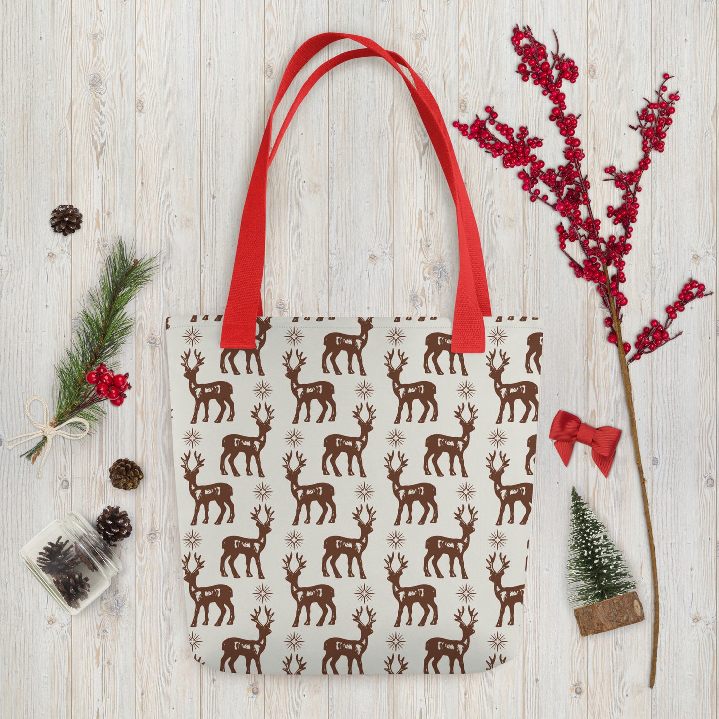 Reindeer Pattern Spacious and Trendy Tote Bag in Neutral Tones