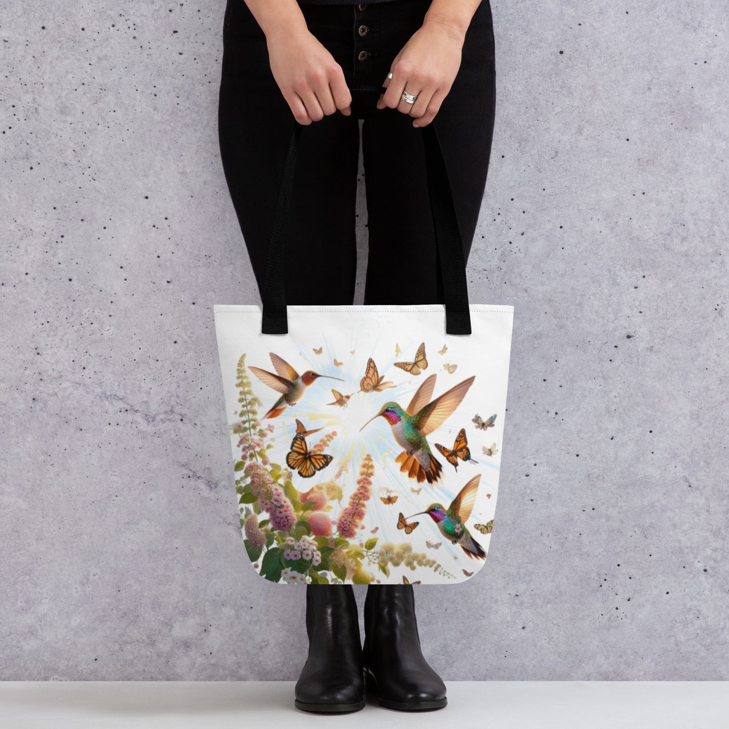 Hummingbirds, Butterflies and Flowers Tote bag with All Over Print (AOP)