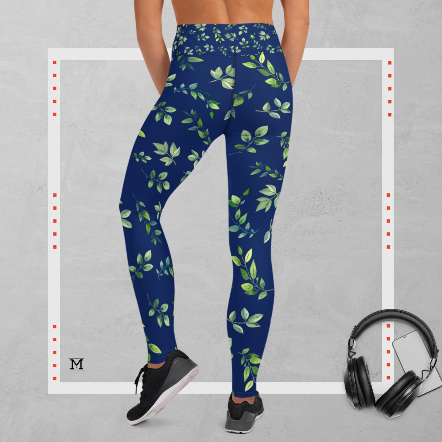 Yoga Leggings AOP (All over print) green floral on blue background by MII
