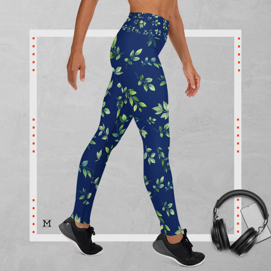 Yoga Leggings AOP (All over print) green floral on blue background by MII