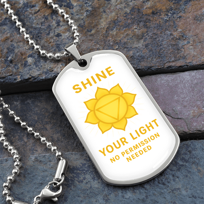 Shine Your Light, No Permission Needed” Solar Plexus Chakra Necklace – Yellow Manipura Pendant – 24” Surgical Steel Chain with 18k Gold Finish Option