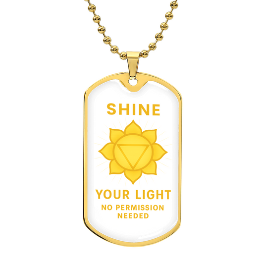 Shine Your Light, No Permission Needed” Solar Plexus Chakra Necklace – Yellow Manipura Pendant – 24” Surgical Steel Chain with 18k Gold Finish Option