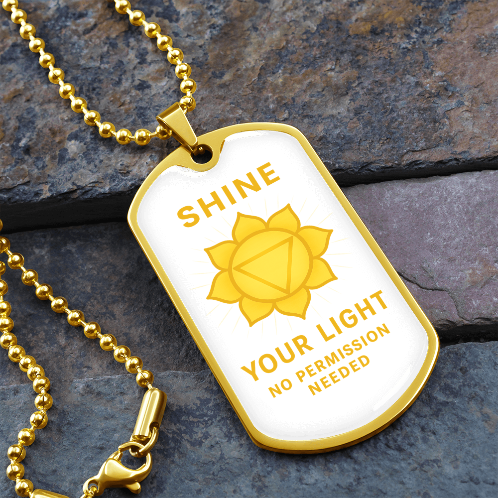 Shine Your Light, No Permission Needed” Solar Plexus Chakra Necklace – Yellow Manipura Pendant – 24” Surgical Steel Chain with 18k Gold Finish Option