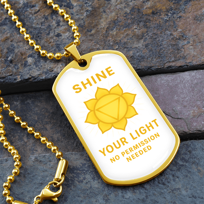 Shine Your Light, No Permission Needed” Solar Plexus Chakra Necklace – Yellow Manipura Pendant – 24” Surgical Steel Chain with 18k Gold Finish Option